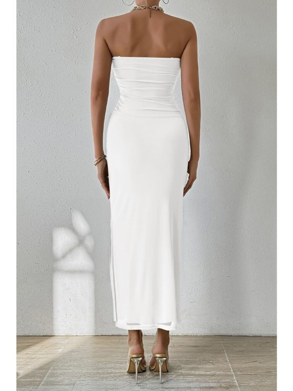 Women's White Strapless Bodycon Floral Maxi Dress Ruched Slit Party Gown - Picture 2 of 6